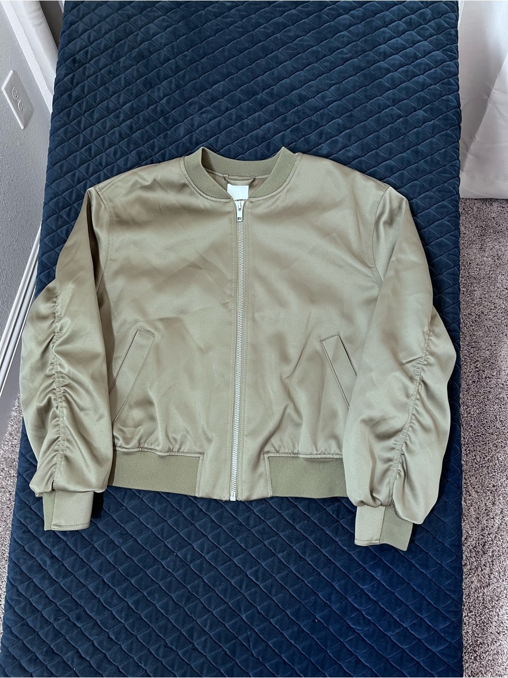H&M Olive Green Bomber Jacket - Zip Front - Ruffled Sleeves - Sleek - Stylish